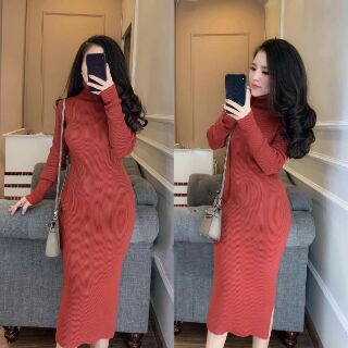 HÀNG SẴN  XẢ KHO váy body len  cổ lọ QUẢNG châu dày ấmdài tay xẻ bên