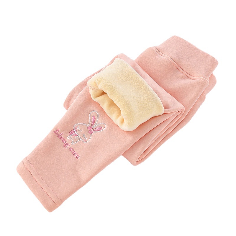 Quần Legging Lưng Cao 90-140cm Lót Lông Cừu Dày Dặn Thêu Họa Tiết Chú Thỏ Phong Cách Hàn Quốc Thời Trang Thu Đông Cho Bé Gái
