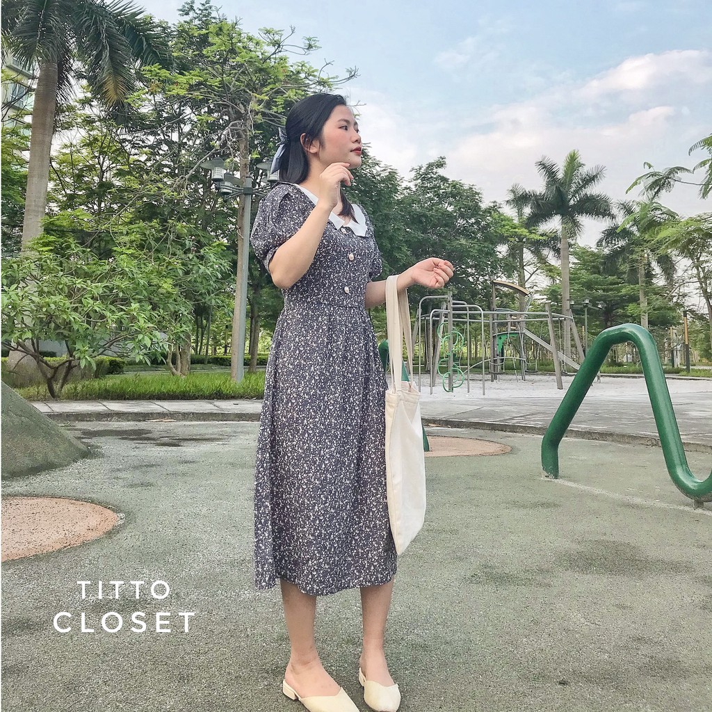 Váy Tiểu Thư Hoa Nhí Phối Nơ Buộc Eo - Ảnh Thật - Titto Closet
