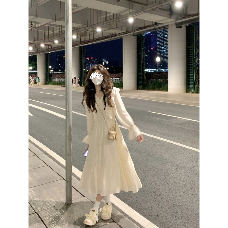 Đầm midi tay dài cổ chữ V viền bèo phong cách Pháp thời trang dành cho nữ