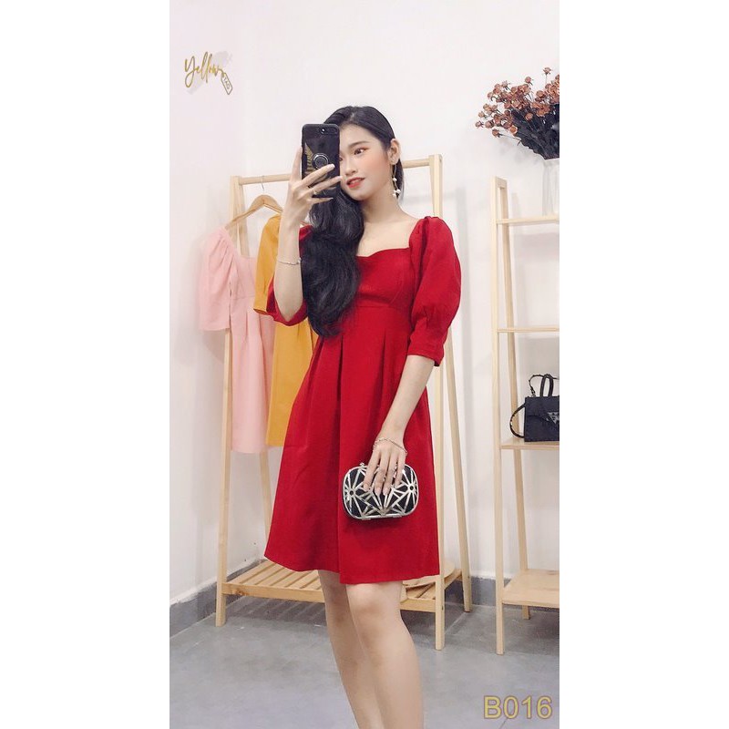 YELLOWTAG - Đầm kate thun xếp li tay phồng đi tiệc/dạo phố