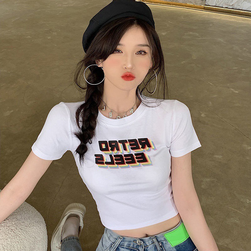 Áo thun ZHELIHANGFEI ngắn tay dáng ôm in họa tiết cá tính quyến rũ