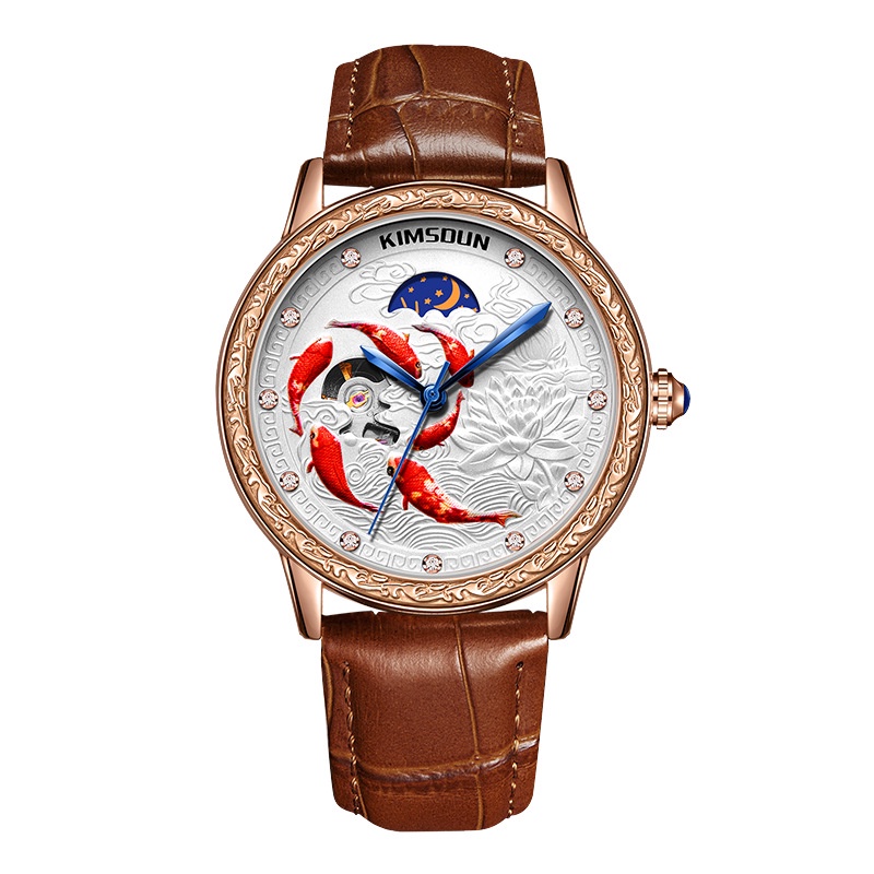 Đồng Hồ Cơ Tự Động Kimsdun 2036 Chống Thấm Nước Họa Tiết Cá Koi 3D Thời Trang Lịch Lãm Cho Nam
