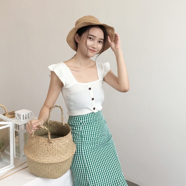 Áo dệt kim sọc gân tay ngắn ôm dáng thời trang dành cho nữ | BigBuy360 - bigbuy360.vn