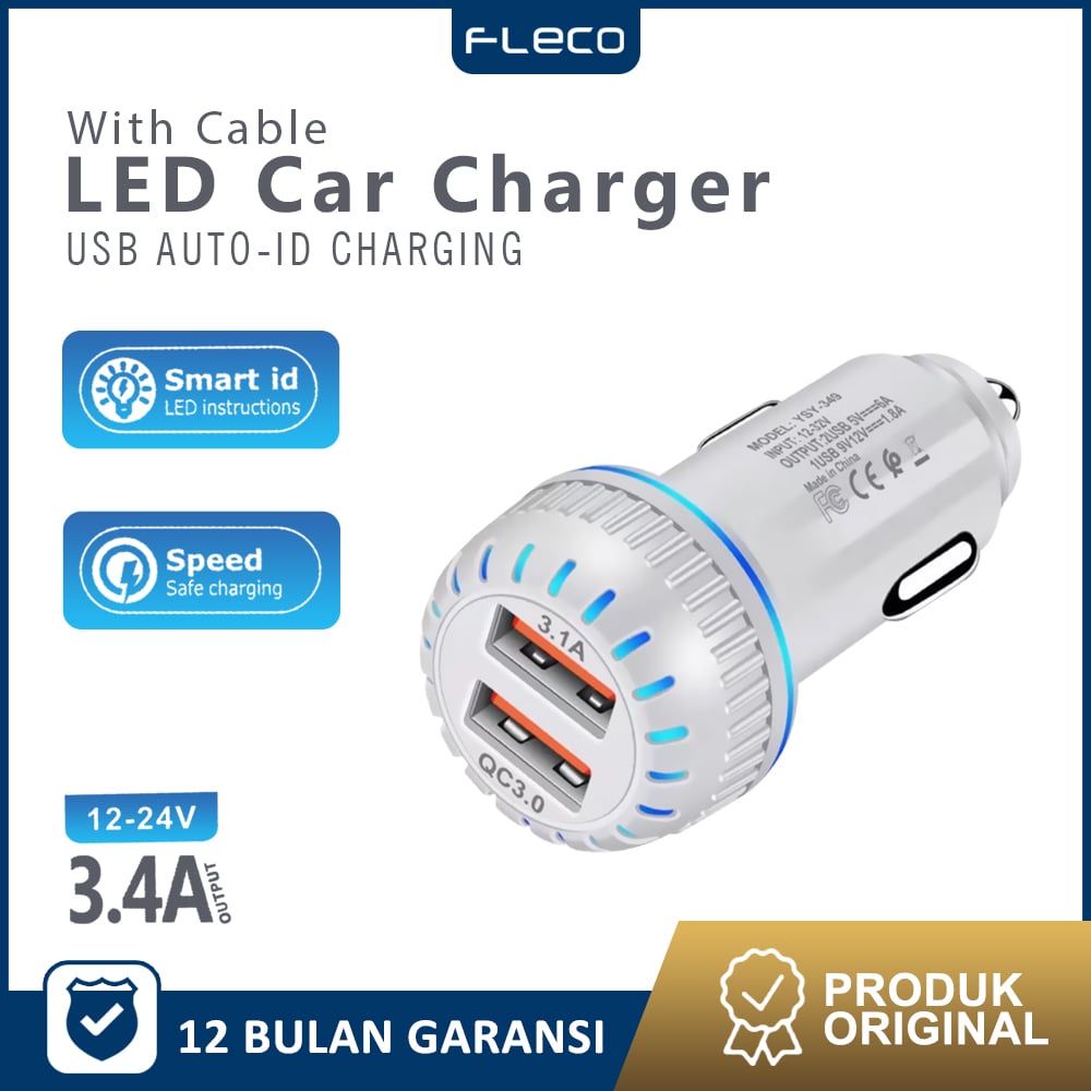 Ổ Cắm Sạc Xe Hơi 2 Cổng QC3.0 3.1A FLECO F-87 - Thế Hệ 1 Năm Mới