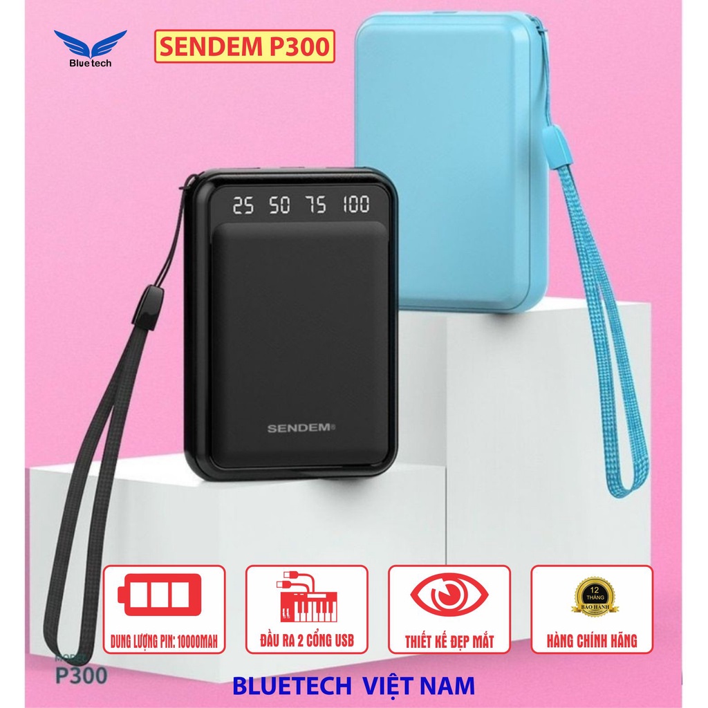 Sạc dự phòng SENDEM P300 10000 Mah 2 cổng USB sạc nhanh nhỏ gọn, màn hình hiển thị sắc nét