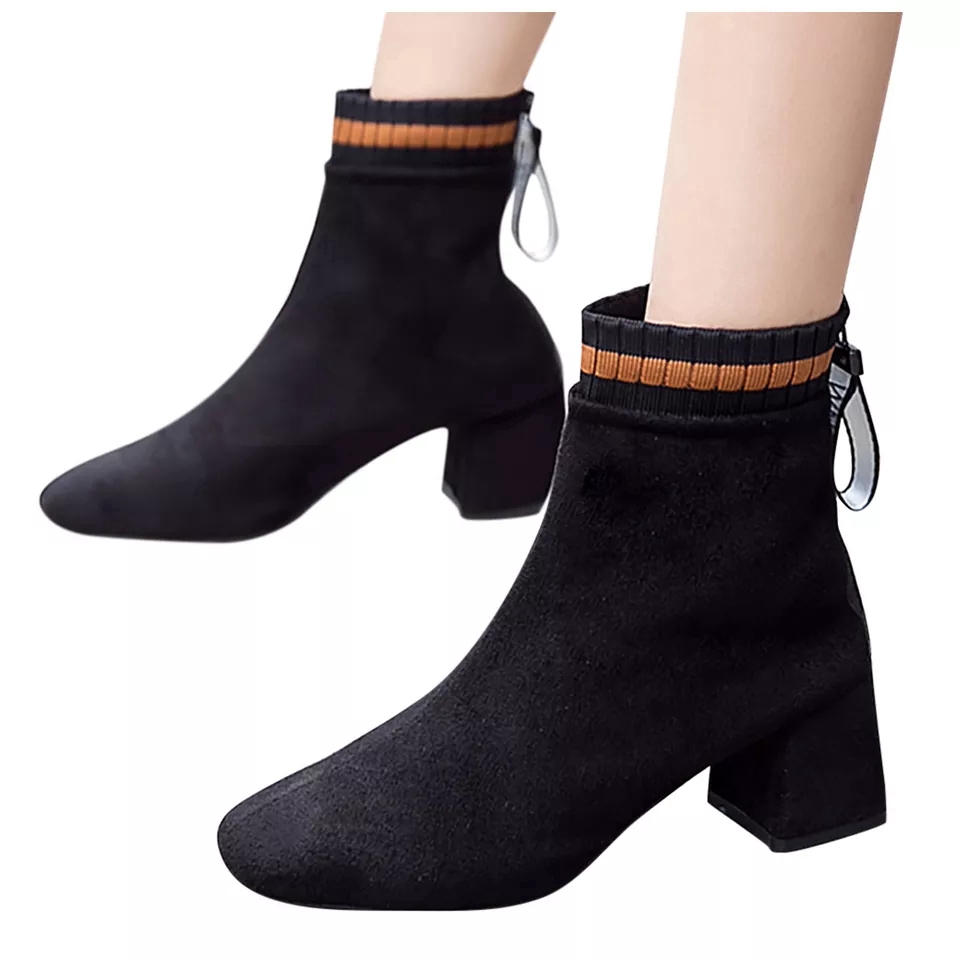 [Mã FASHIONGREEN15 giảm 10% tối đa 30k đơn từ 99k] Boot Da Lộn Gót Vuông Cổ Chun Cam Khóa Sau Phối Dây Cá Tính A001