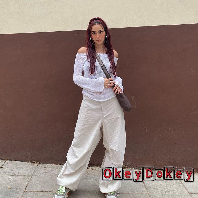 Áo Thun Dệt Kim Tay Dài Cổ Xéo Màu Trắng Phong Cách Harajuku Cổ Điển Cho Nữ ODokey-Y2K
