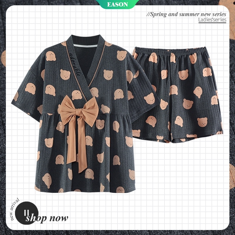 Bộ Đồ Ngủ Kimono Cổ Chữ V Dáng Rộng Bằng Cotton Phong Cách Nhật Bản Dễ Thương Cho Nữ