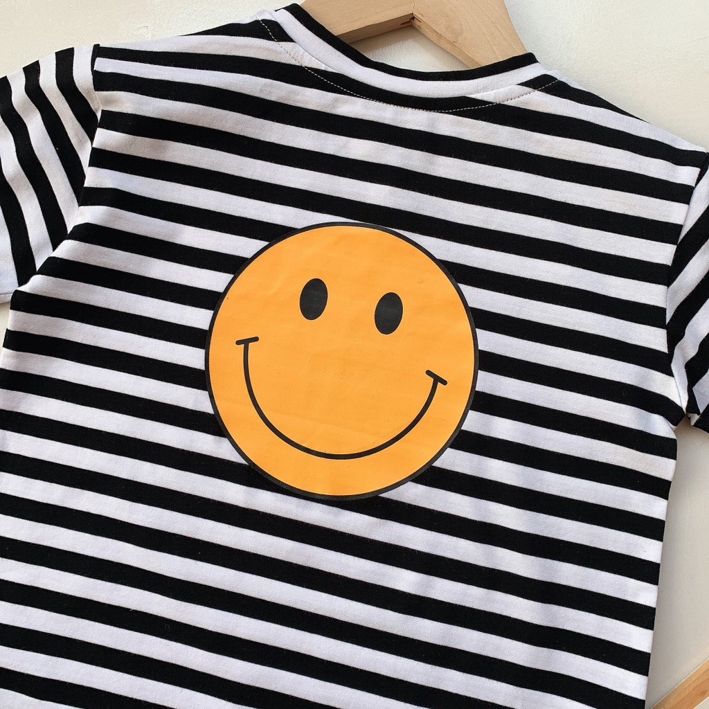 Mới Bộ Áo Liền Quần Kẻ Sọc Ngắn Tay In Hình Mặt Cười Cho Bé Trai