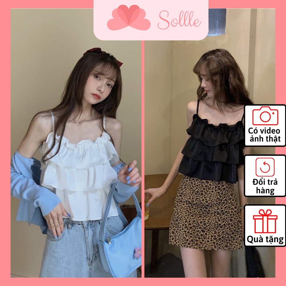 Áo nữ 2 dây viền bèo 3 tầng chất đũi mát ulzzang 2 màu trắng đen mùa hè Hàn Quốc Sollle