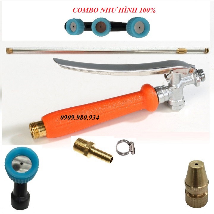 Combo bộ tay bóp 2 Đầu Răng , Cần Inox Và các Đầu Bec Tưới Cây Phun Phân Bón Cho Bình Bơm Hoặc Máy Bơm Mini 12V Đầu Nén