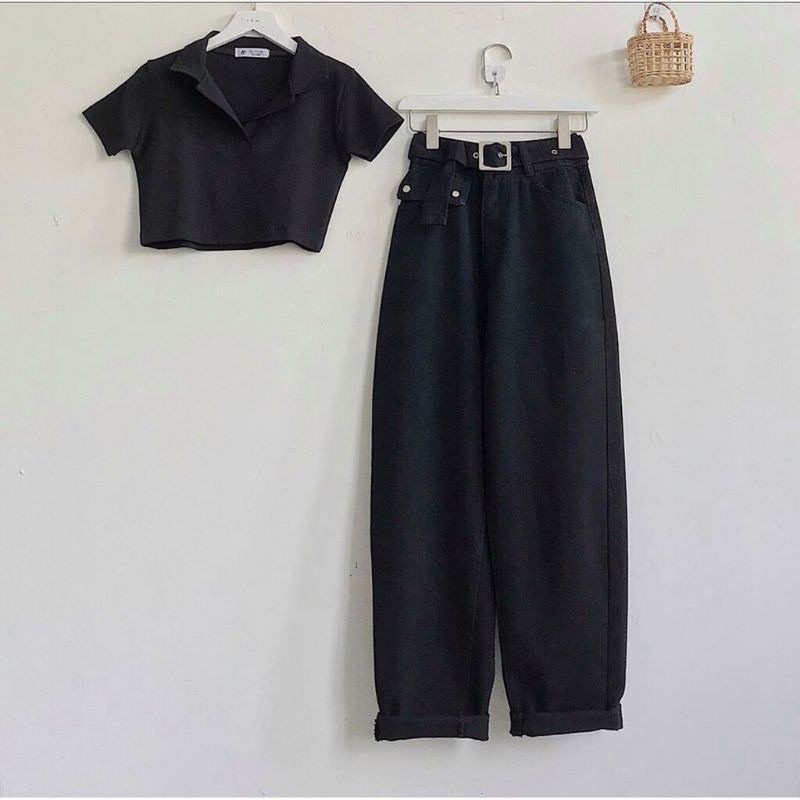 Áo Crotop cổ trị PLO tay ngắn dáng ôm nhẹ Ulzzang