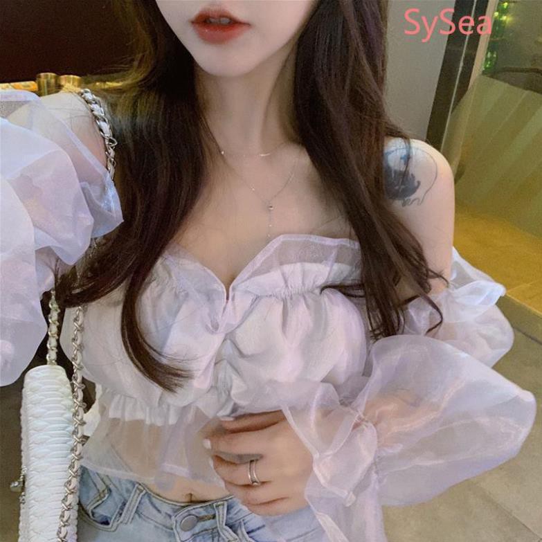 Áo Croptop Chất Chiffon Tay Dài Thiết Kế Trễ Vai Quyến Rũ Đẹp