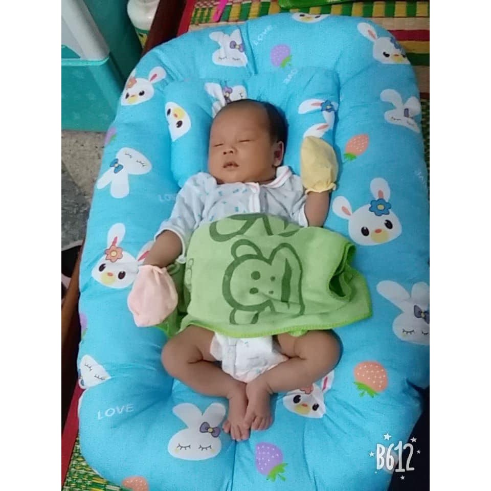 Bộ Gối Nệm Cotton Mềm Cho Bé Chống Lật, Đệm Ngủ Thông Minh Cho Bé Kèm Gối Đầu Lõm (Tặng 01 vòng dâu )