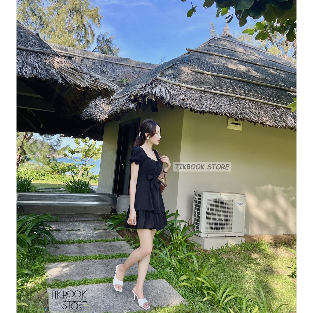 ĂNh thật- Váy tay bồng buộc eo thắt nơ - Tikbook Store