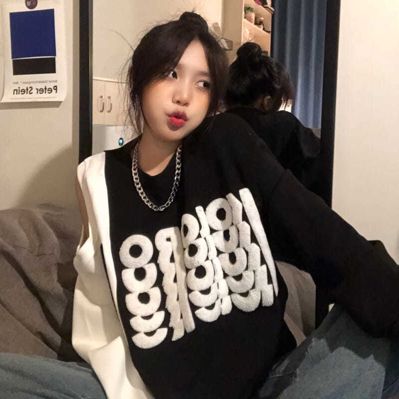Jiashucheng Áo Sweater Tay Dài Dáng Rộng Hở Vai In Chữ Màu Sắc Tương Phản Thời Trang Mùa Thu Cho Nữ