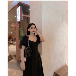 ĐẦM MIDI ĐEN CỔ TIM TAY BỒNG