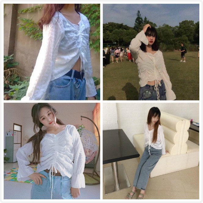 Áo crop top dài tay màu trắng phong cách mùa hè thời trang cho nữ