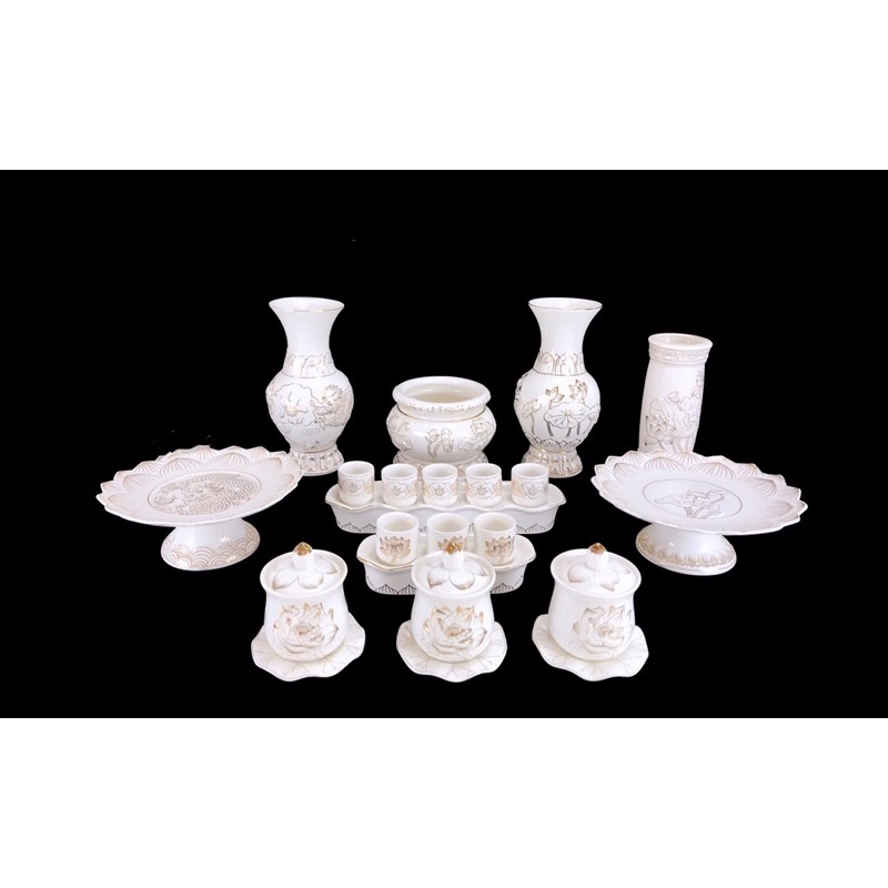 Lư Hương (Bát nhang) Bằng Sứ Cao Cấp - Bạch Ngọc Sen Nổi Loại 1