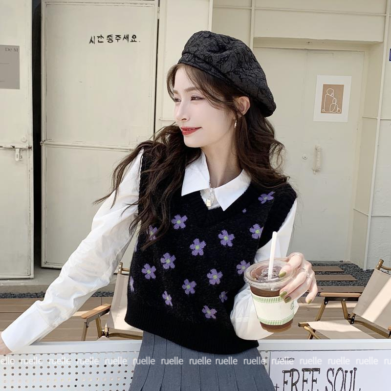 Áo Dệt Kim Sát Nách Dáng Rộng In Hoa Kiểu Vintage Hàn Quốc Xinh Xắn Cho Nữ