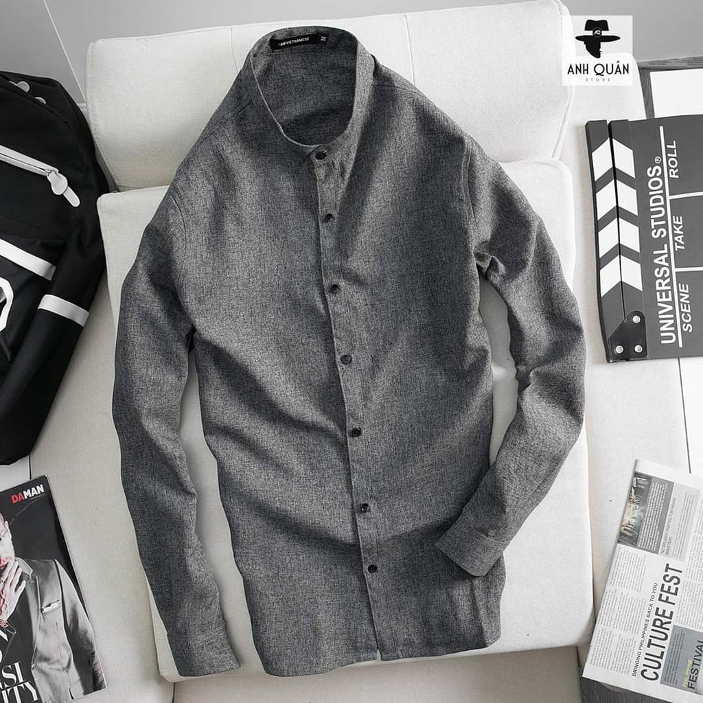 Áo sơ mi nam Mantoni dài tay, cổ tàu, chất vải đũi Ni-len cao cấp (SMTD)