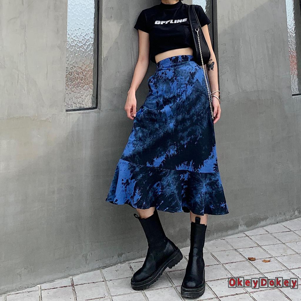 OKDK-Women Fashion Tie-dye Skirt Ladies Female Stylish Ruffle Hem Skirt