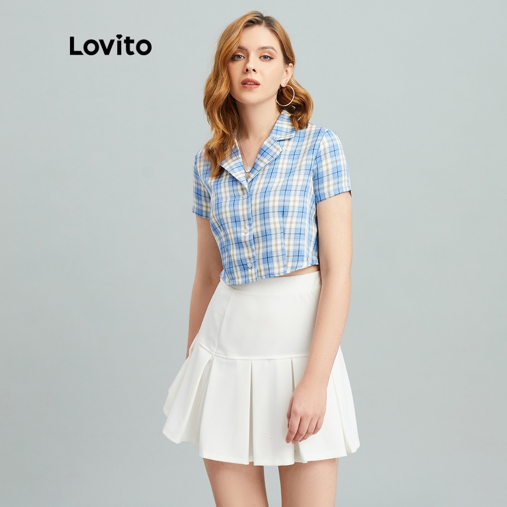 Áo kiểu Lovito kẻ sọc họa tiết tartan đính nút thời trang Preppy L10933 (màu xanh dương)