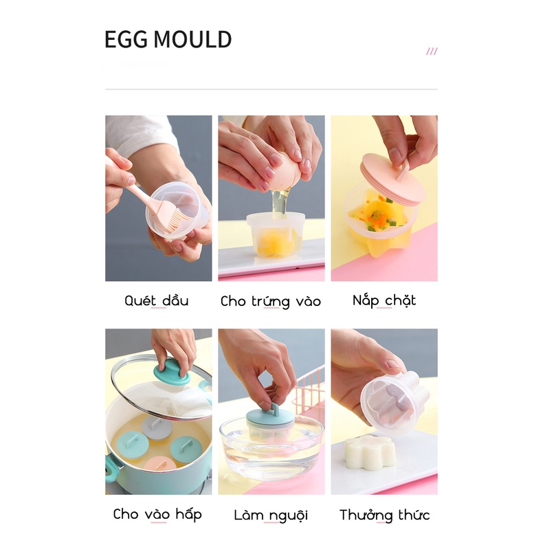 Bộ 4 khuôn nhựa KidAndMom WORTHBUY hấp trứng, làm bánh cho bé kèm chổi silicon quét dầu