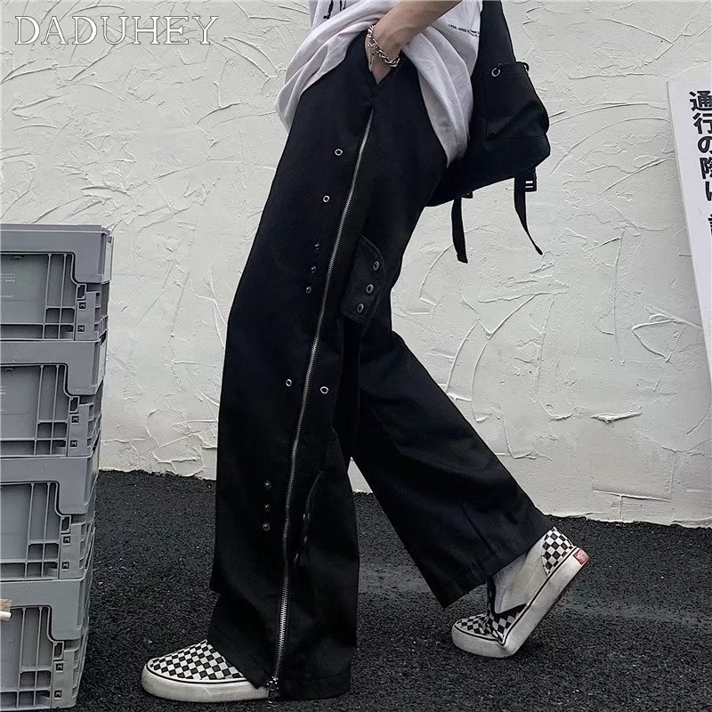 Quần dài cạp cao ống rộng phối khóa kéo phong cách Mỹ dành cho nam và nữ