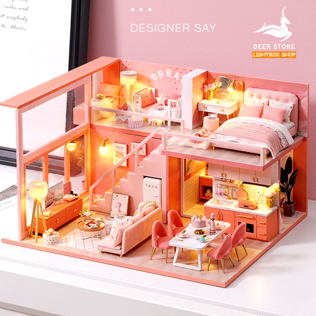 Nhà búp bê mô hình DIY. Nhà đầy đủ Nội thất, đèn Led | Tặng DỤNG CỤ, KHUNG MICA VÀ KEO DÁN. MÃ L029