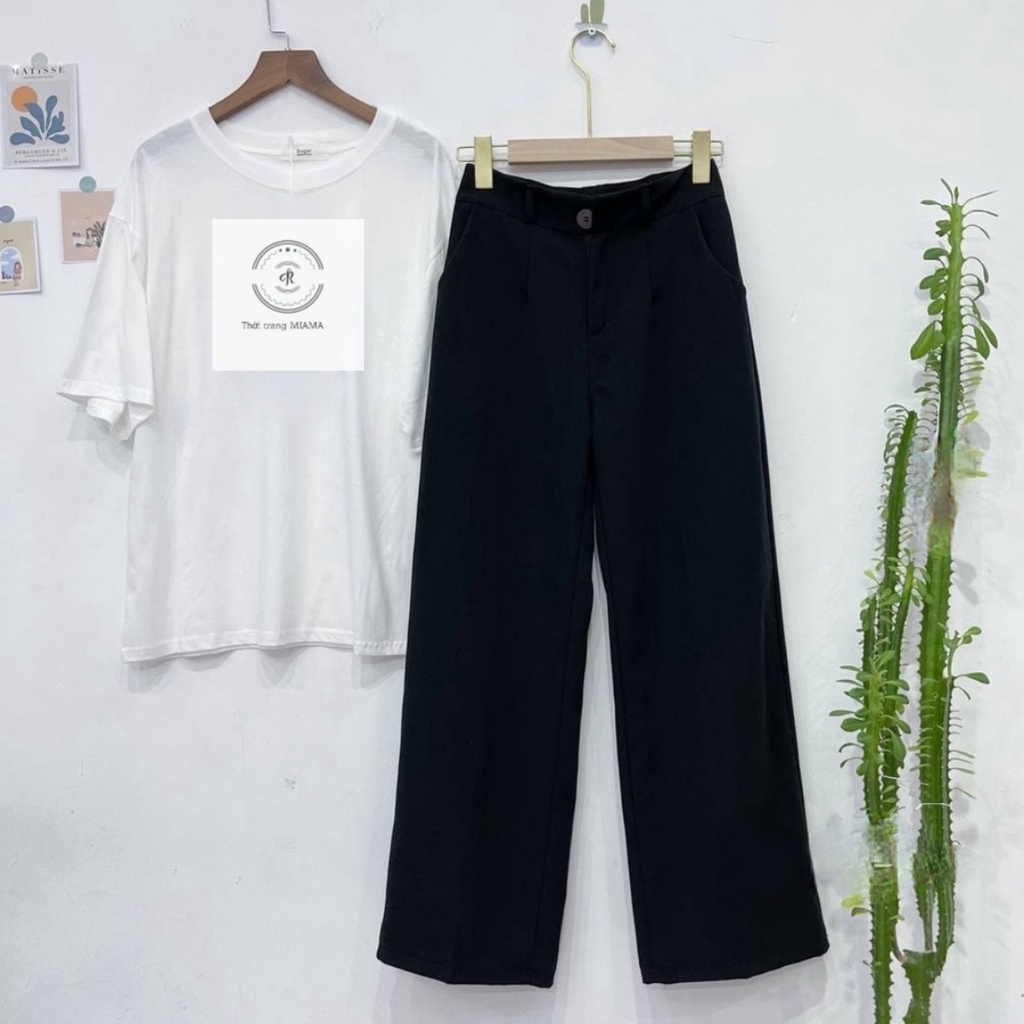 Quần tây ống rộng nữ lưng cao đi học sinh màu đen khóa kéo dáng suông dài - Quần culottes ống rộng chất vải mềm cạp cao