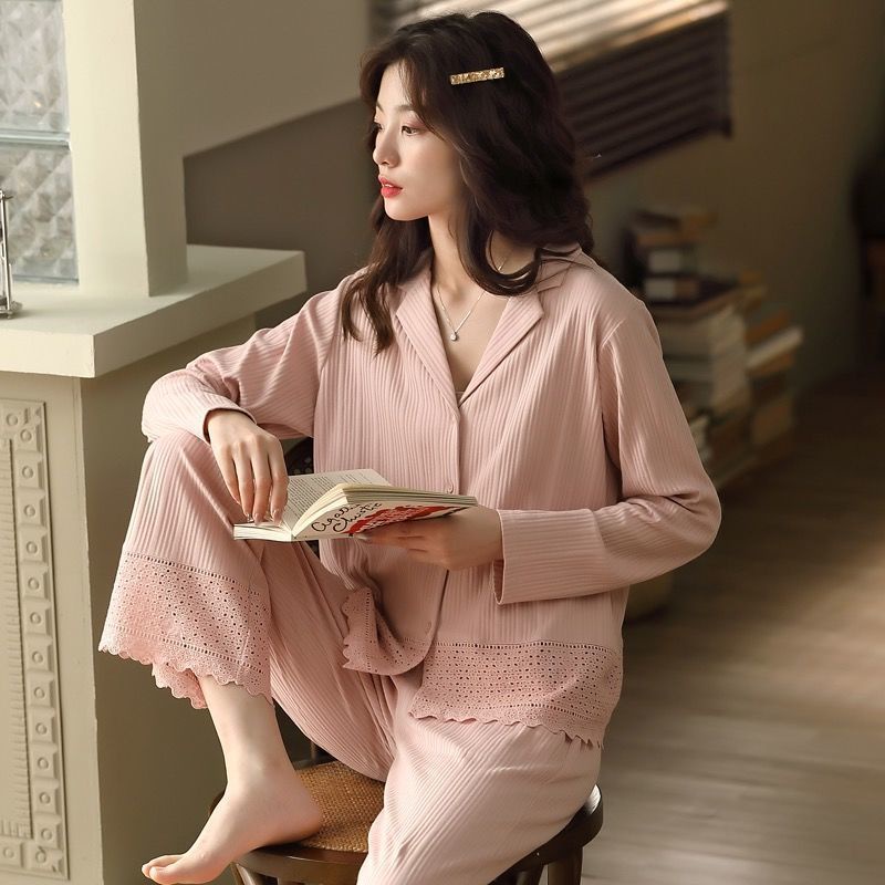 Set đồ ngủ gồm áo dài tay + quần dài vải cotton thấm hút mồ hôi thời trang xuân thu cho nữ mặc ở nhà