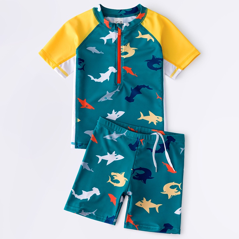 {13-45kg}Đồ bơi cho bé trai gồm quần rời, áo có khóa kéo trước ngực dễ chui, họa tiết cá mập.