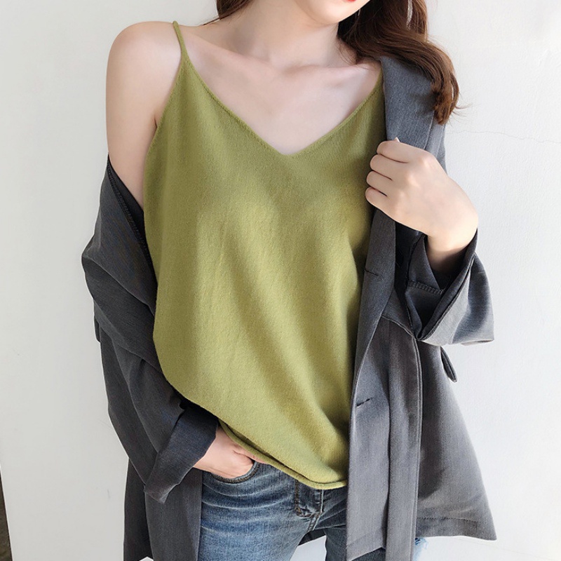Áo dệt kim sát nách cổ chữ V dáng rộng màu sắc đơn giản phong cách Hàn Quốc