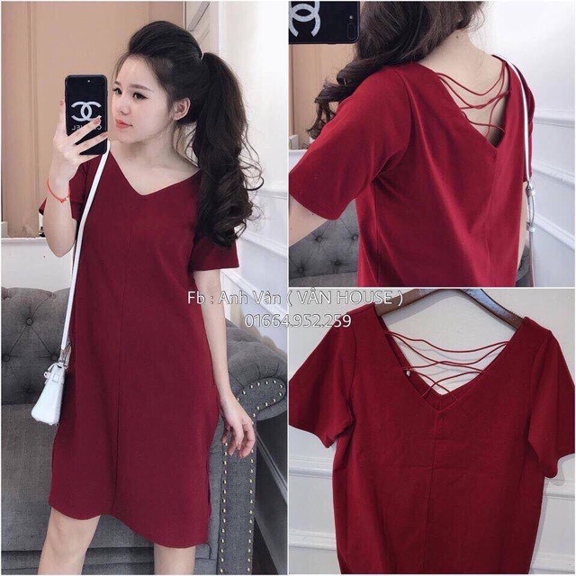 Đầm suông nữ cổ tim đan dây lưng chất cotton tàu dày đẹp họa tiết trơn basic form rộng