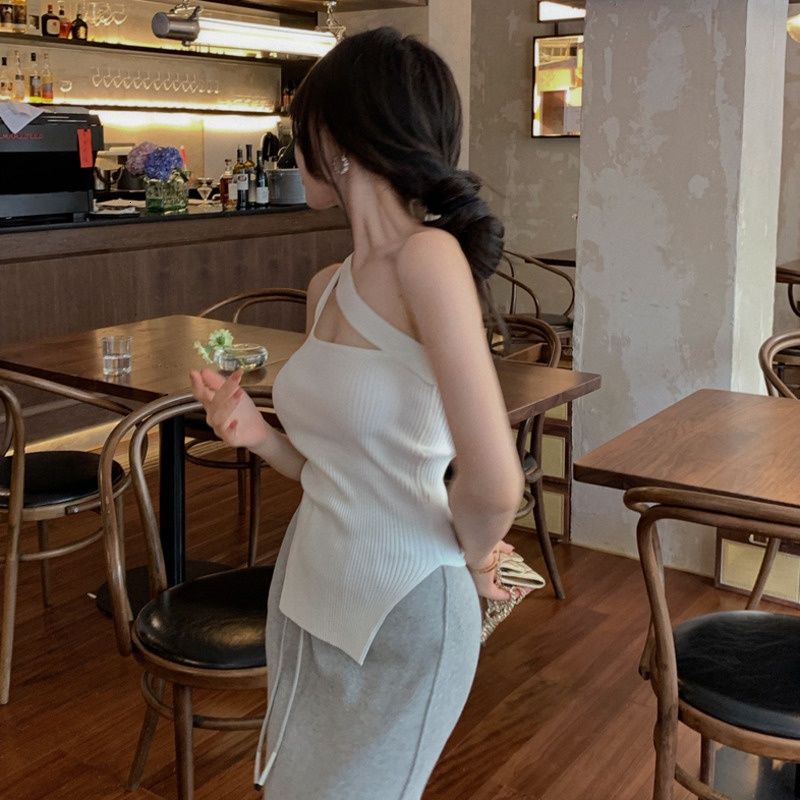 Áo Hai Dây Dệt Kim Màu Trắng Phong Cách Retro Đơn Giản