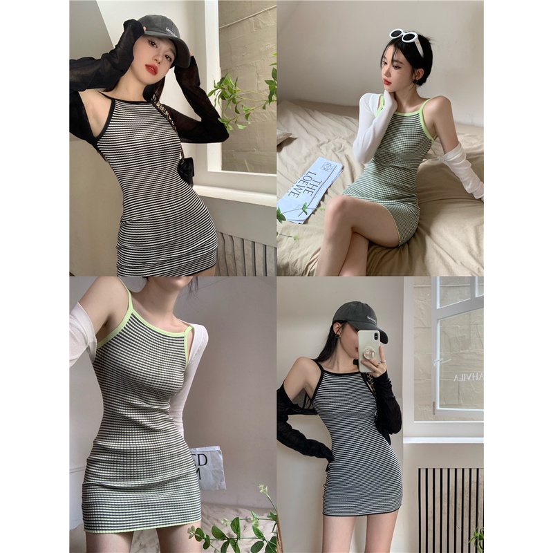 Đầm Hai Dây Hở Lưng Họa Tiết Kẻ Sọc Màu Sắc Tương Phản Phong Cách Hàn Quốc Thời Trang Mùa Hè Cho Nữ