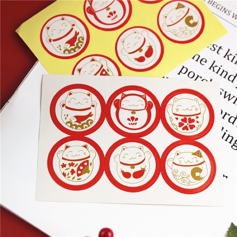 Set 9 nhãn dán trang trí túi bánh, hộp bánh chủ đề chú mèo thần tài may mắn mẫu 1