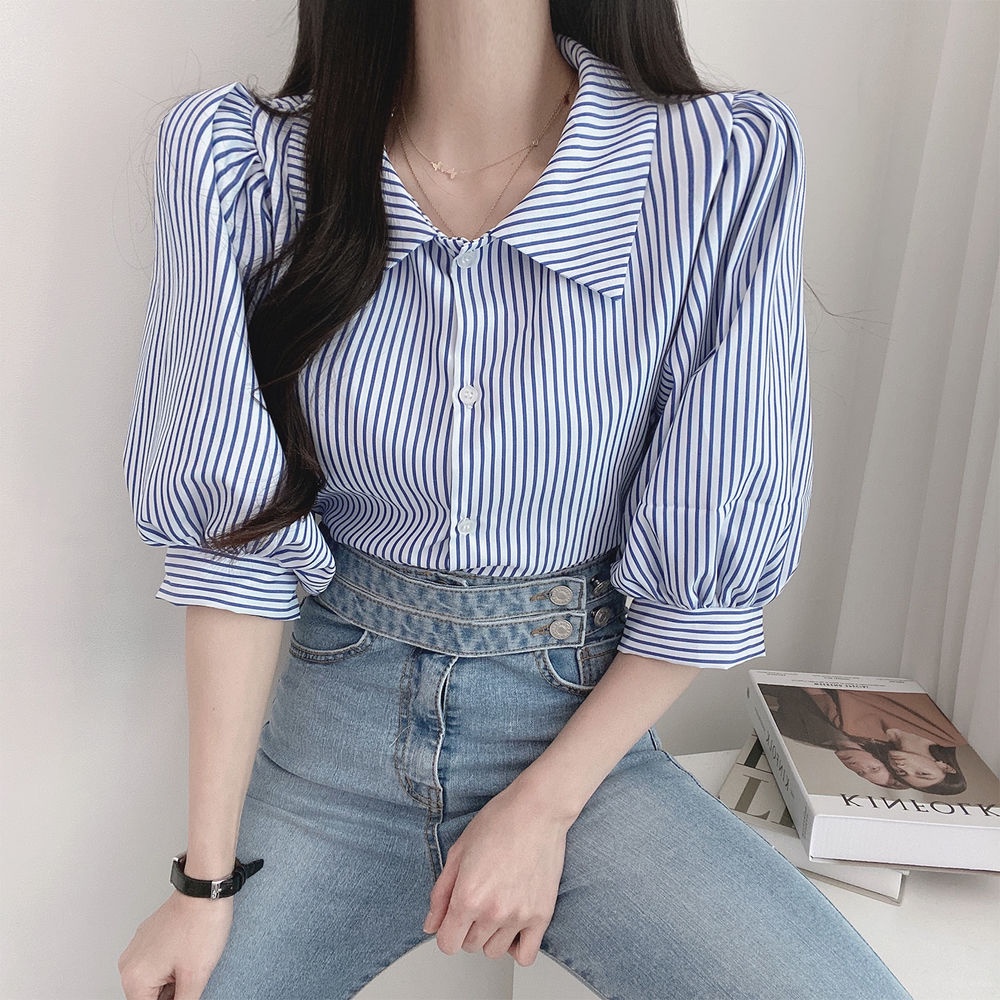 Áo Sơ Mi Tay Ngắn Kẻ Sọc Thời Trang Hè 2021 Cho Nữ