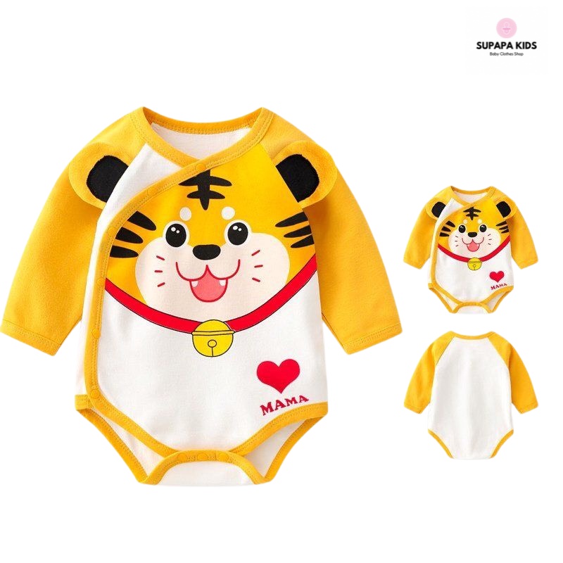 Bodysuit dài tay hình thú dễ thương, bộ liền thân hè thu cúc chéo cho bé từ 3-12kg