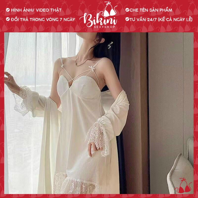 ❣️ SET CHOÀNG VÁY NGỦ NHUNG MỊN QUẢNG CHÂU CAO CẤP ĐAN DÂY NGỰC GỢI CẢM PHỐI REN FREESIZE MÀU ĐEN/ ĐỎ/ TRẮNG/ NẤU SN04