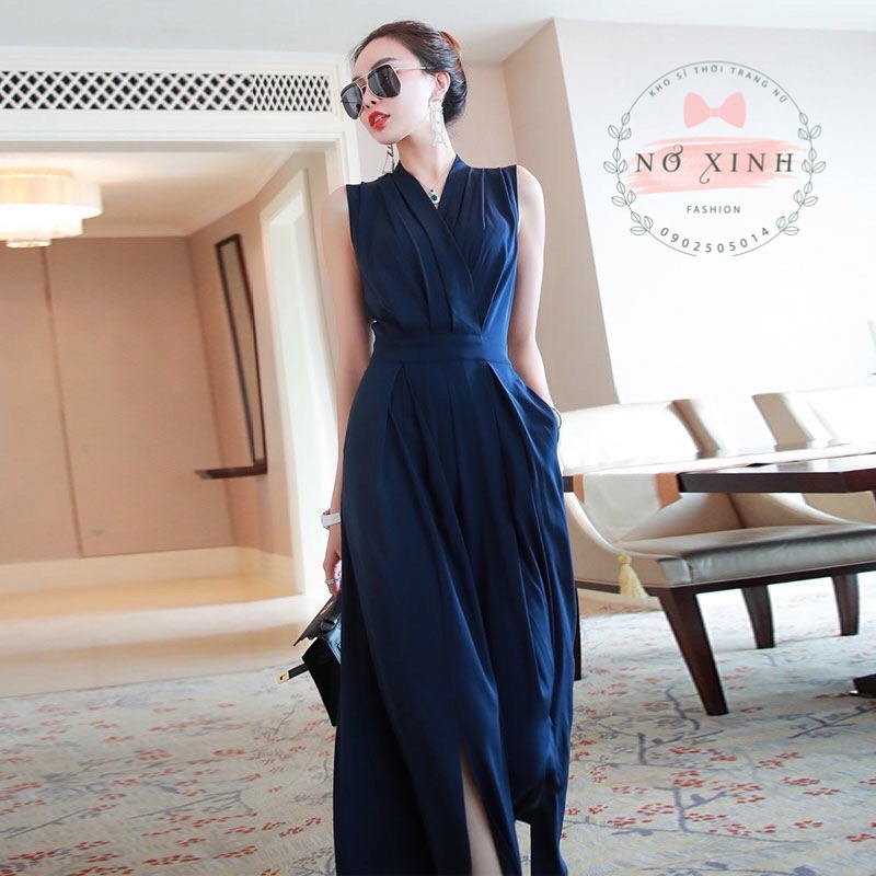 JUMPSUIT NỮ NGẮN TAY QUẦN SUÔNG ỐNG RỘNG XANH CAO CẤP Nơ Xinh Store