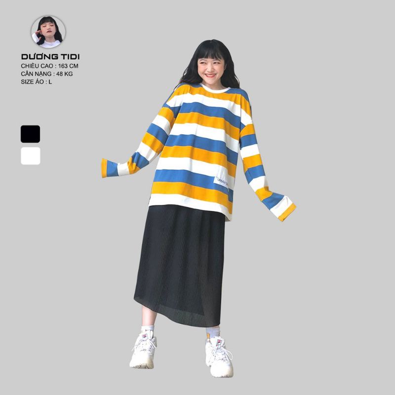 Áo Thun Tay Dài Nữ Nam Form Rộng TDO05 URBAN OUTFITS Kẻ 3 Sọc Ngang 100 Cotton 4 Chiều