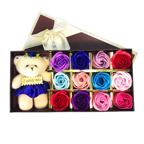 Hộp hoa hồng sáp thơm 12 bông kèm gấu quà tặng sinh nhật, tốt nghiệp, valentine 14/2, người yêu, thầy cô 20/11 8/3 20/10