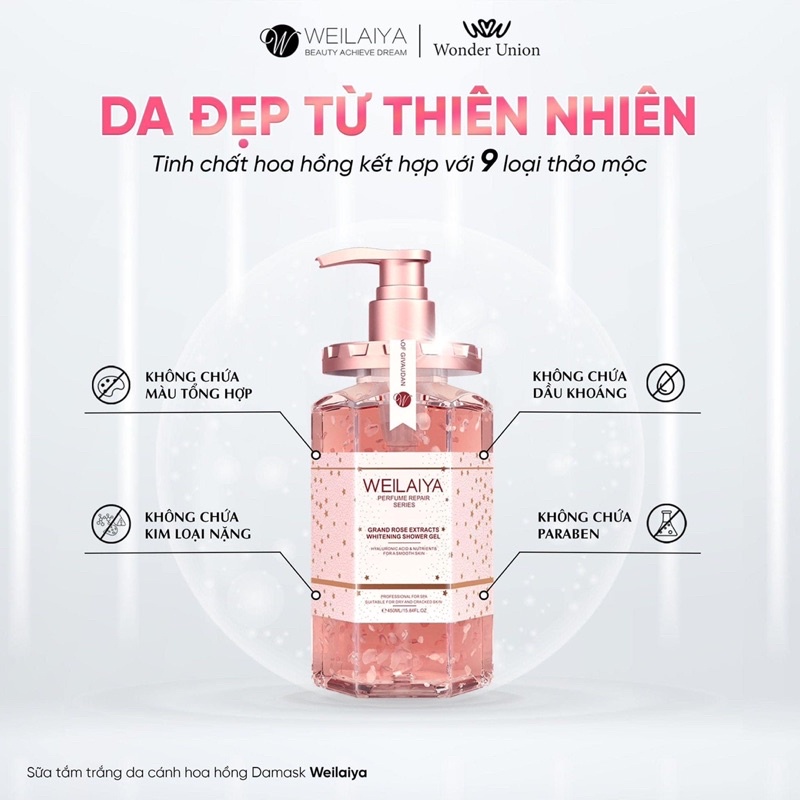 Sữa tắm trắng da Weilaiya tặng kèm bông tắm + test mini dầu phục hồi