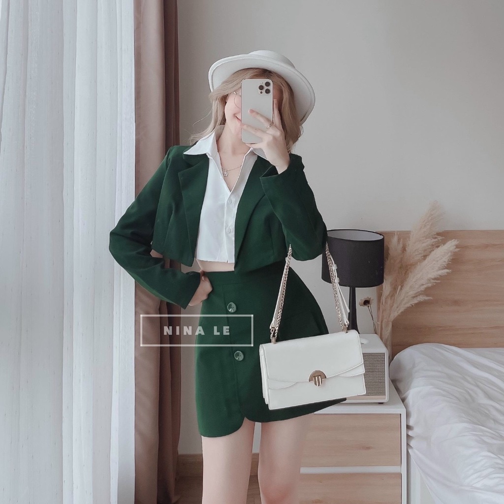 Sét 3 món nữ áo khoác vét tay dài, áo sơ mi croptop phối chân váy ngắn mini