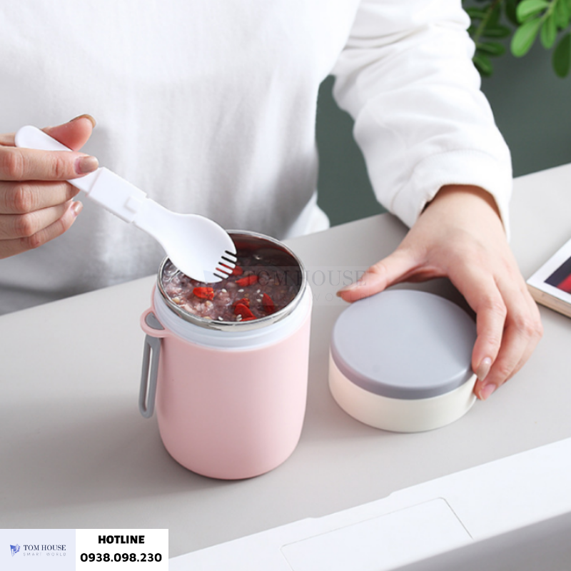 ⚡[CAO CẤP]⚡ Cốc Đựng Cháo 580ML Kèm Muỗng Và Túi Giữ Nhiệt, Ruột Inox 304 Hộp Đựng Cháo Canh Soup Bền Đẹp Có Tay Xách