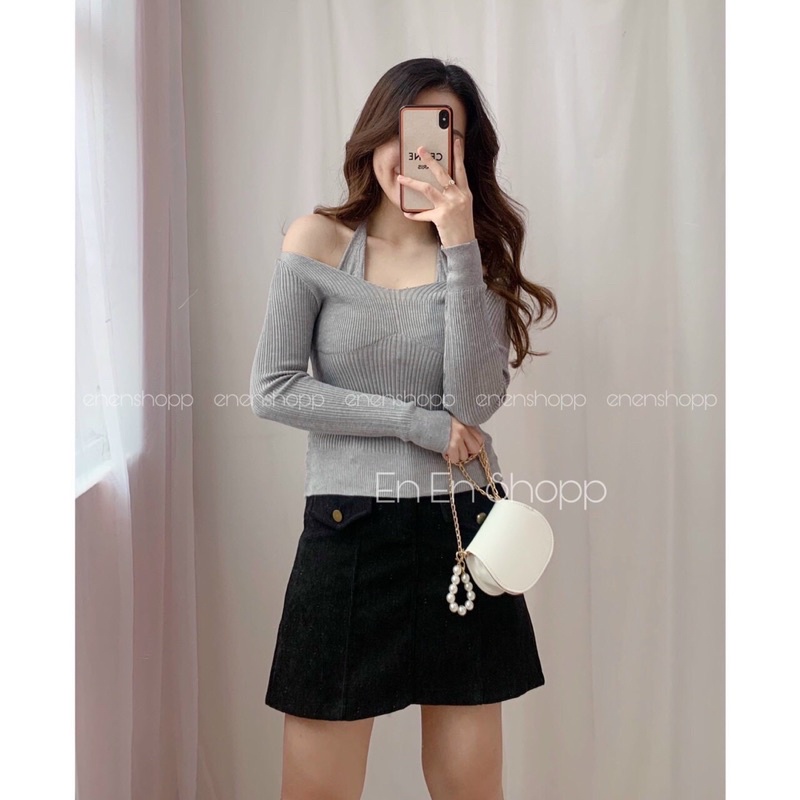 Áo len mỏng dài tay kèm dây yếm dáng ôm sexxy co giãn AS8013 - NhiNhi Shop