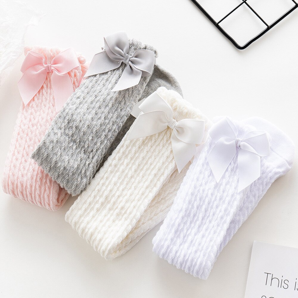 Vớ Cotton Dài Đến Đầu Gối Phối Lưới Đính Nơ Dễ Thương Thoáng Khí Cho Bé Gái